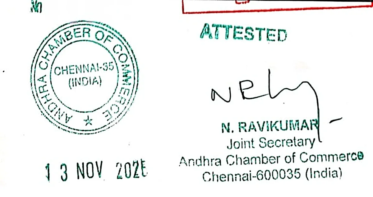 An Andhra Chamber of Commerce attestation stamp on a commercial document: the chamber's seal, an ATTESTED mark and the Joint Secretary's signature, Chennai