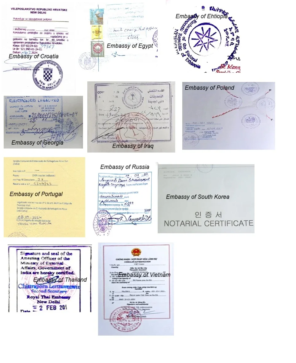 Attestation stamps from eleven embassies in New Delhi: Croatia, Egypt, Ethiopia, Georgia, Iraq, Poland, Portugal, Russia, South Korea, Thailand and Vietnam