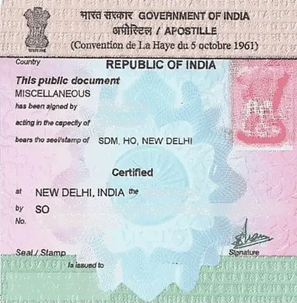 An MEA apostille issued in New Delhi under the Hague Convention of 5 October 1961, showing the Government of India heading, the certified block and the issuing officer's signature